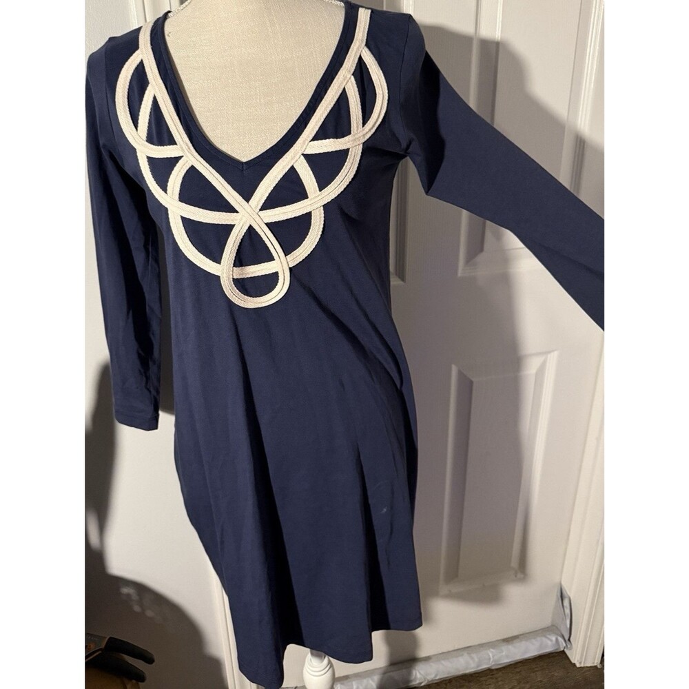 Lilly Pulitzer Blue White Cotton Knit Shift Dress Rope Accent V-Neck 3/4 S